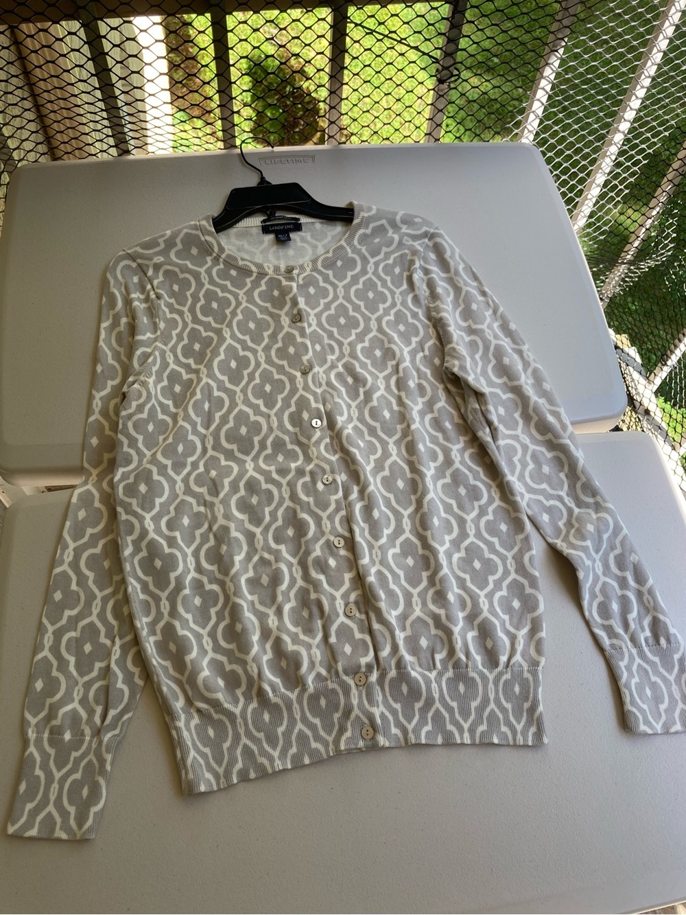 Lands’ End Cotton Button Front Sweater Cardigan Gray White Geometric Pattern